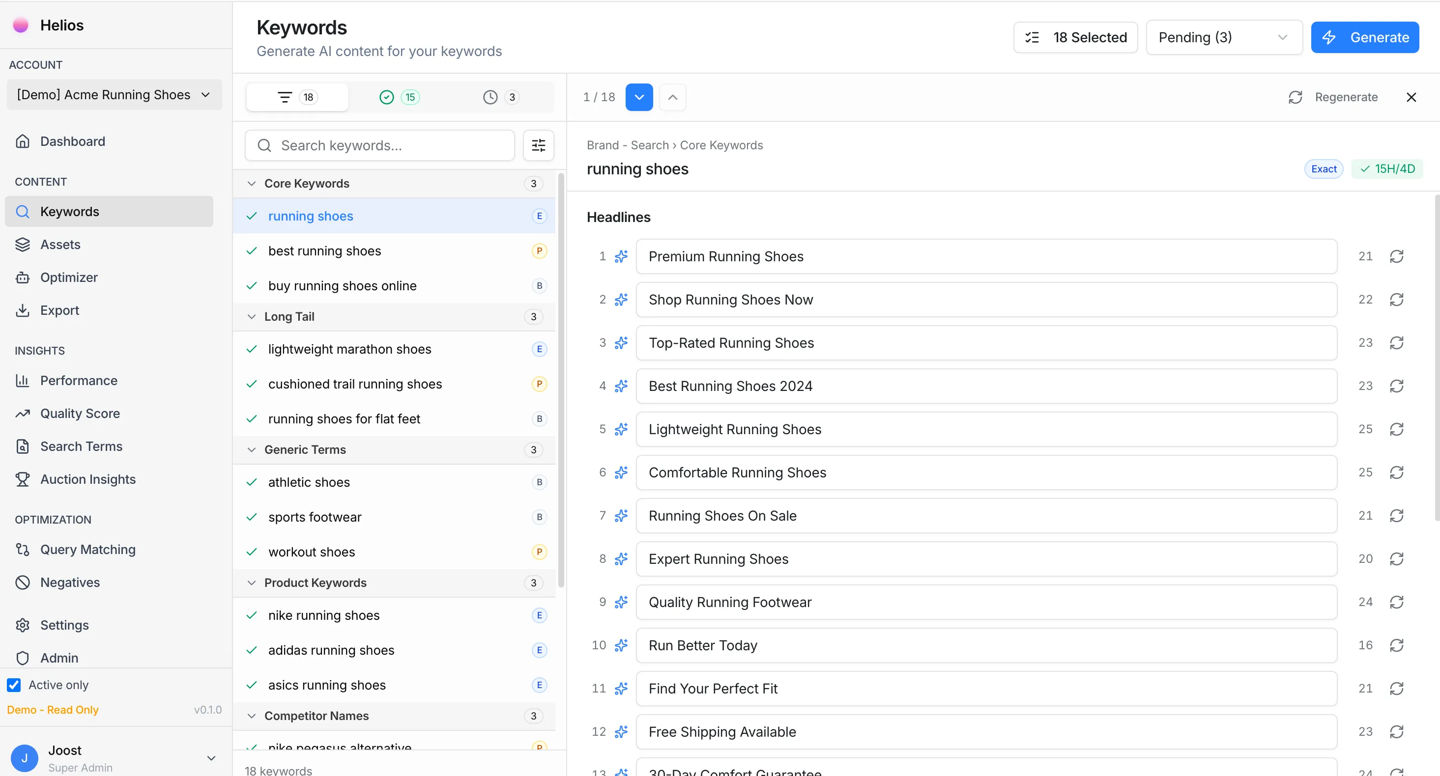 Helios AI generating ad headlines for keywords