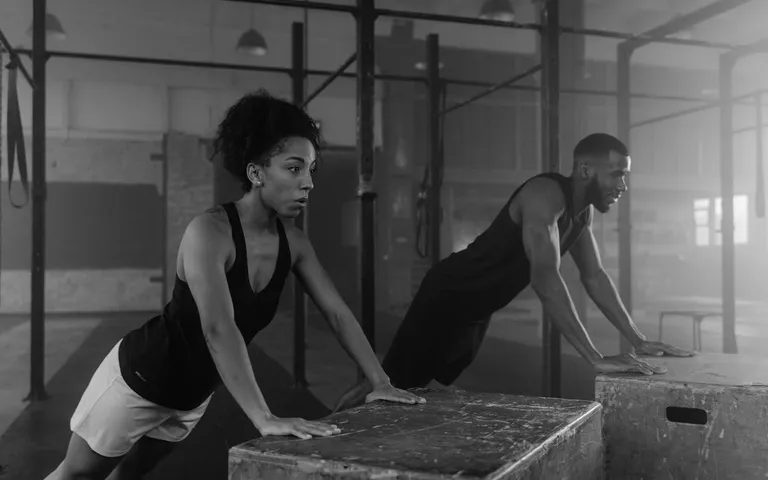 Two people doing push-ups in a gym with cinematic lighting