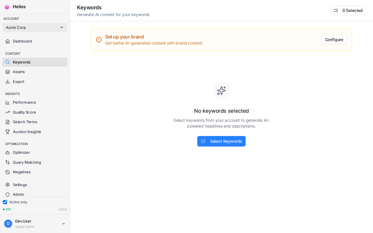 Keywords page showing generated headlines and descriptions