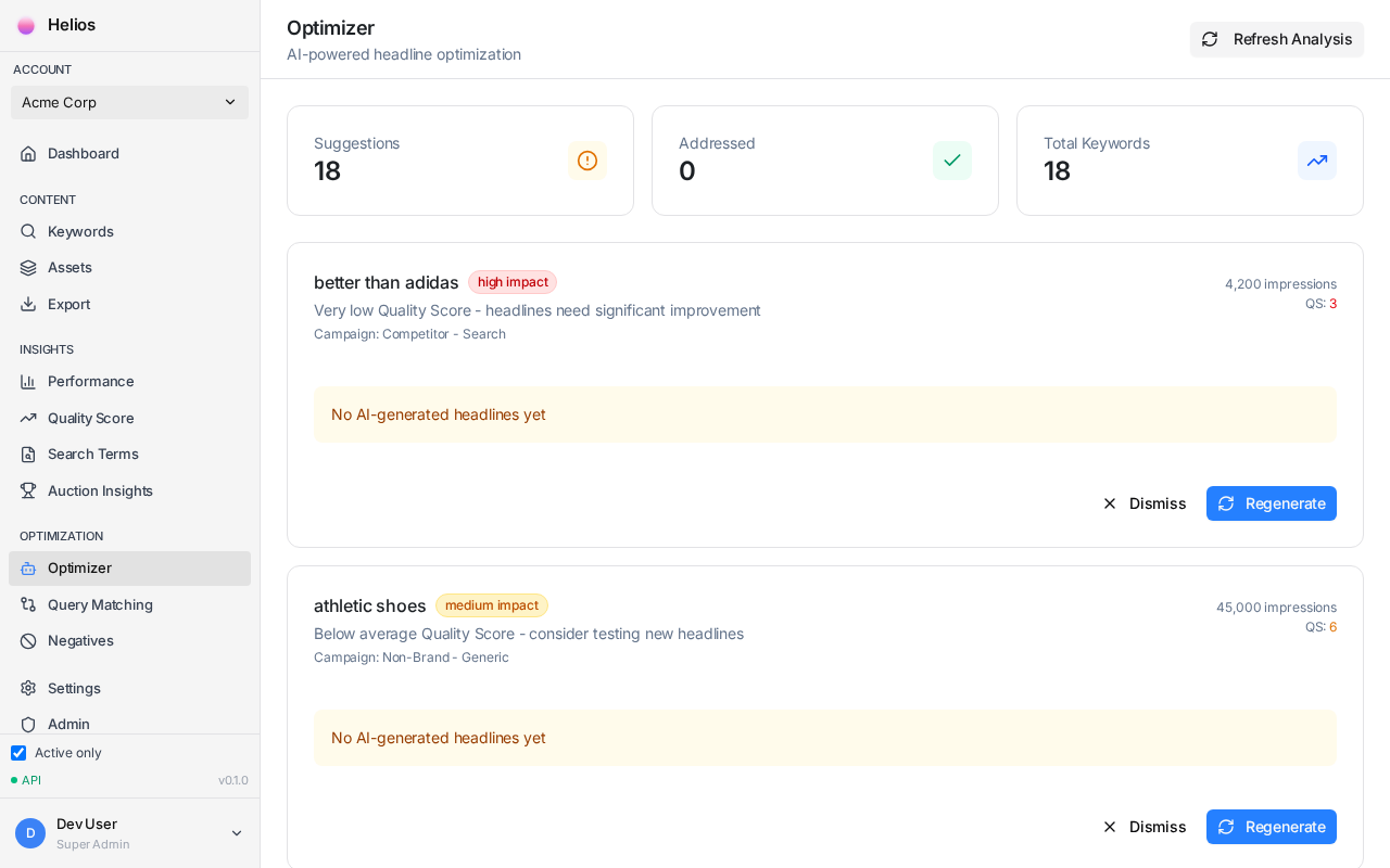 Optimizer dashboard showing headline performance analysis
